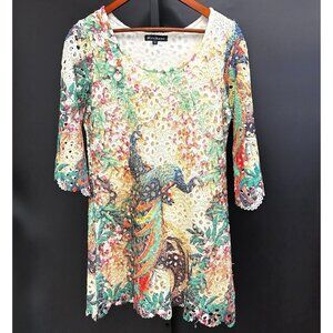 Mechant Eyelet Lace Peacock Boho Tunic Top Size S 3/4 Sleeve Scoop Neck